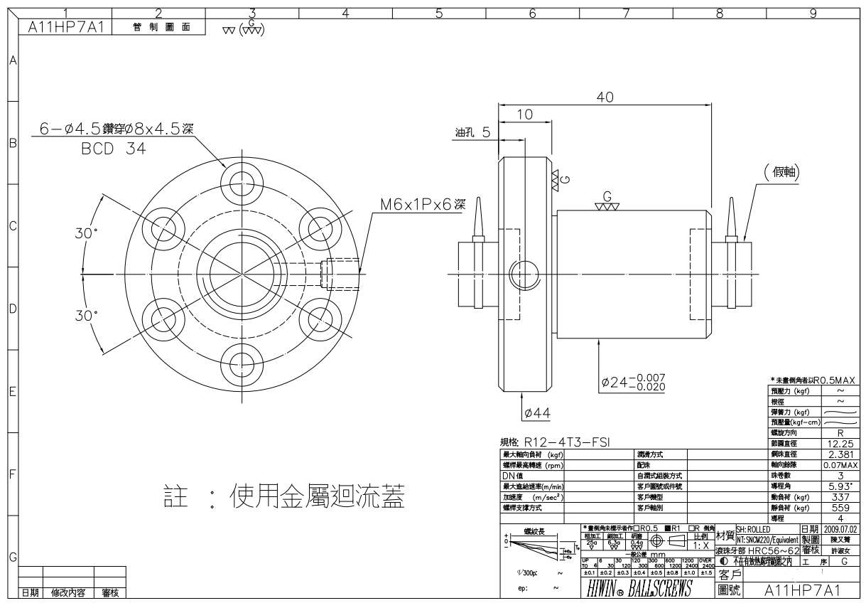 上銀滾珠絲桿R12-4T3-FSI-0.05